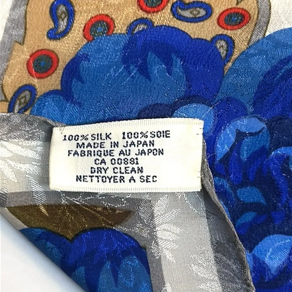 Albert Nipon for XIIX KARAT Silk Scarf Blue Magenta Tan Floral Roses Vintage